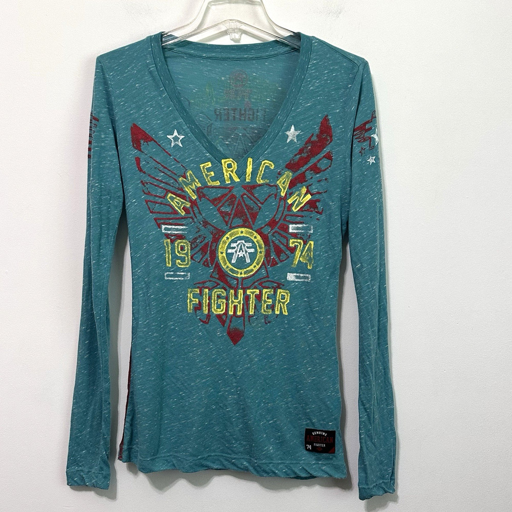 American Fighter Womens Tee M V Neck Long Sleeve Green Thin Shirt Painted NWOT